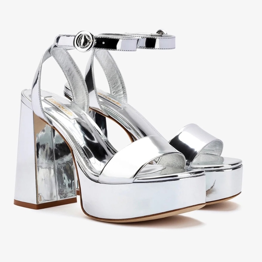 Larroude Metallic Silver Platform Block Heel Sandals